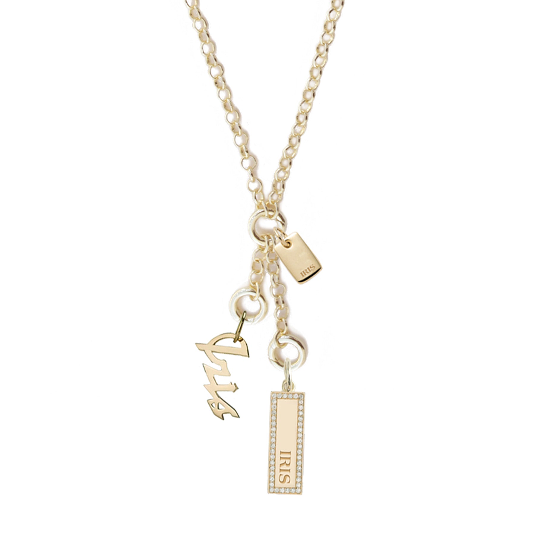 Iris Napoleon Necklace with Iris Script, Pave Tag & Iris Ingot