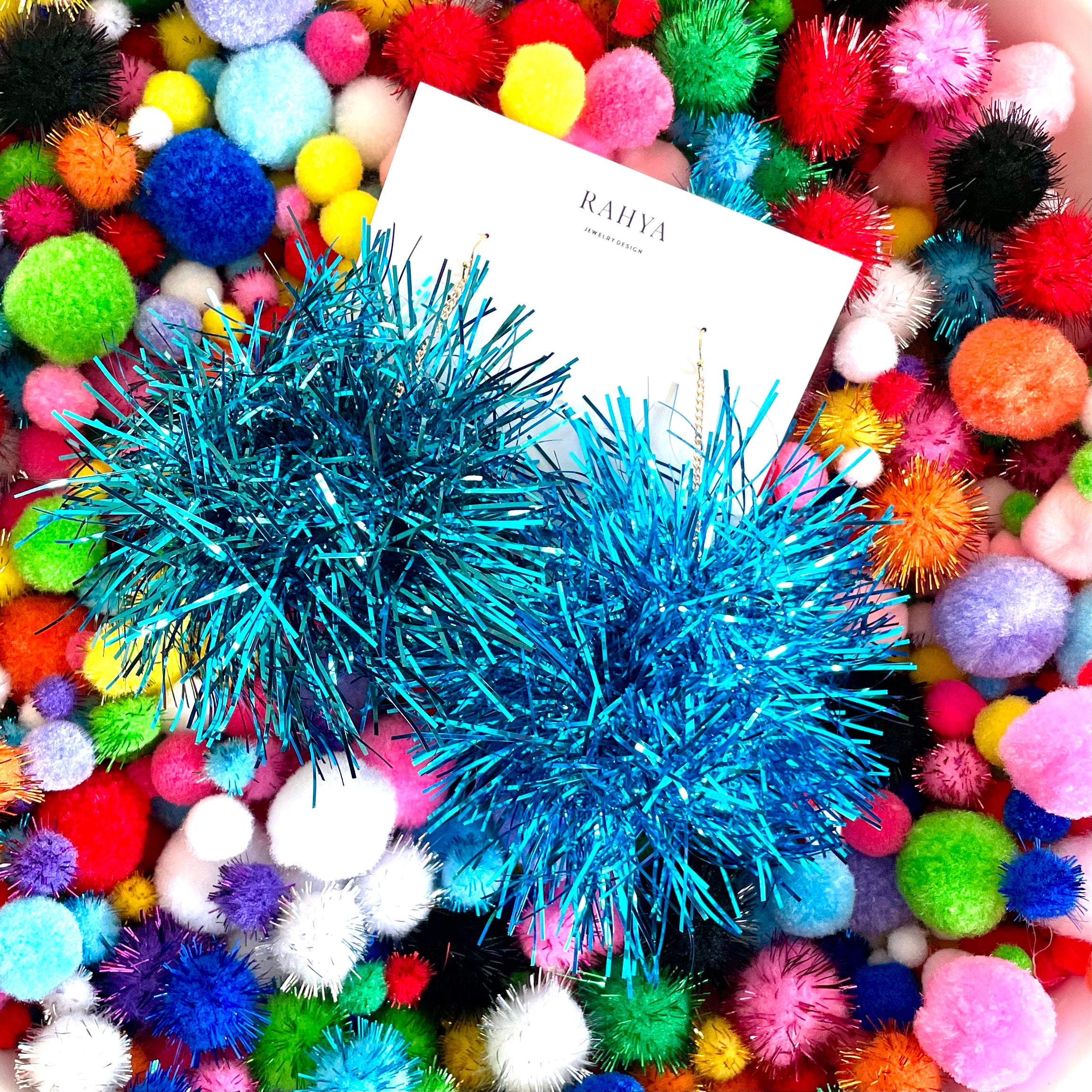 Blue Pom Pom Earrings